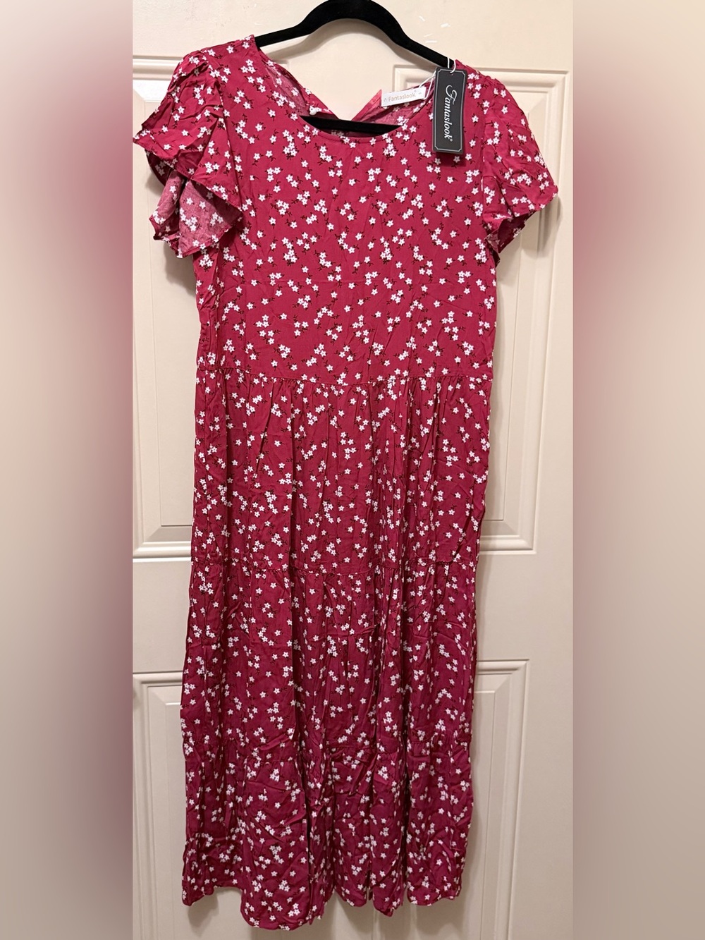 Fantaslook Pullover Floral Tiered Dress with Flutter Sleeves in Rust Size Small